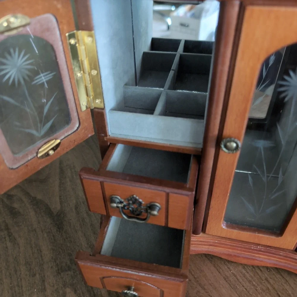 Vintage Jewelry Armoire Organizer Etched Glass Floral Wood Chest Velvet Mirrored
